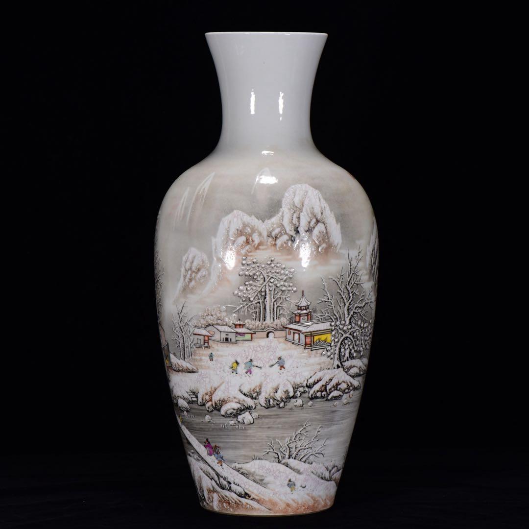 旧蔵逸品　中華民国時代 粉彩雪景図　手作り花瓶　飾り　古美術インテリア　陶器美品
