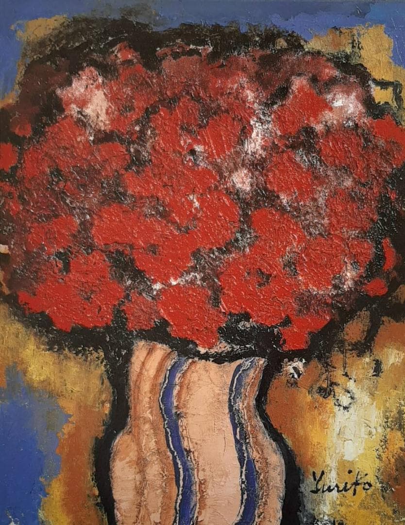 首藤百合子、「赤い花 No17-2」、希少画集の額装画、四季、風景、人気作品