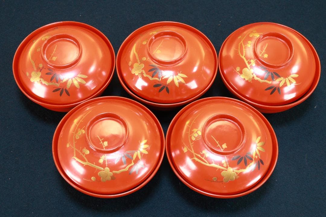 時代漆器　輪島塗　松竹梅蒔絵 　吸物椀　五客　塗椀　汁椀　木製　BJ073