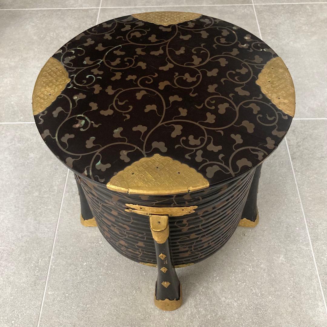 骨董アンティーク 漆塗りの行器 ほかい 金細工 日本美術 工芸品 吉祥文様 和柄