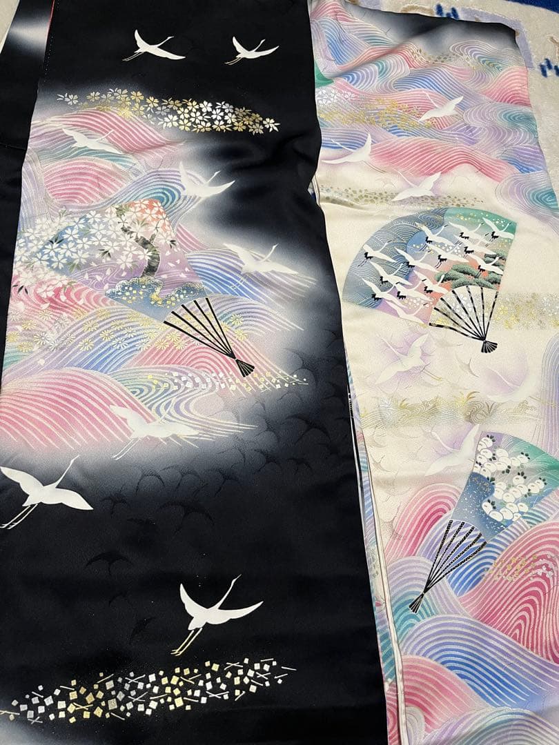 振袖セット正絹本加工青波扇子と鶴アンティークレトロな振袖作家落款有　トールサイズ