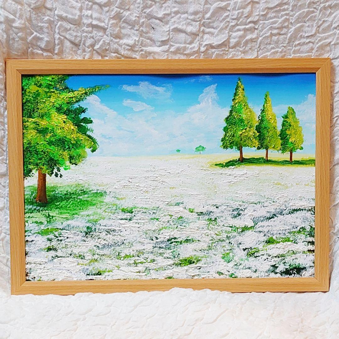 油絵 絵画 咲いた白の広場【Ａ3】