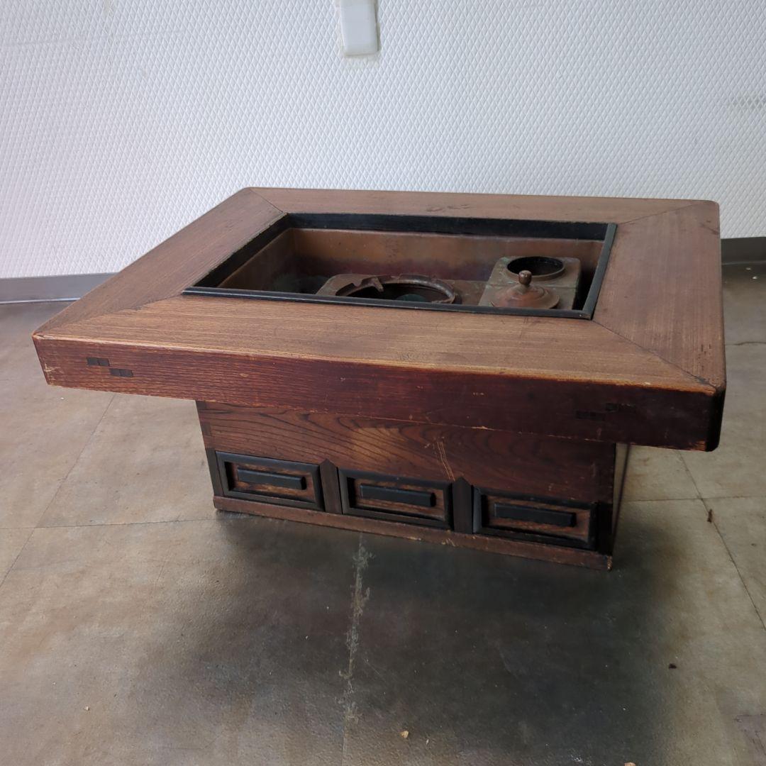 骨董 火鉢 長火鉢 関西火鉢 銅器ごとく付 テーブル 古民具 木製
