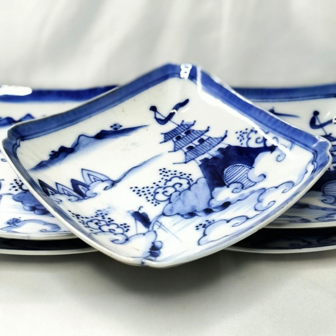 古伊万里 染付隅切り四方皿 手描き山水図 在銘 時代物 旧家蔵出し美品 骨董