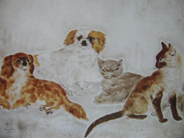 藤田嗣治、【二匹の犬と二匹の猫】、希少な画集より、新品高級額・額装付