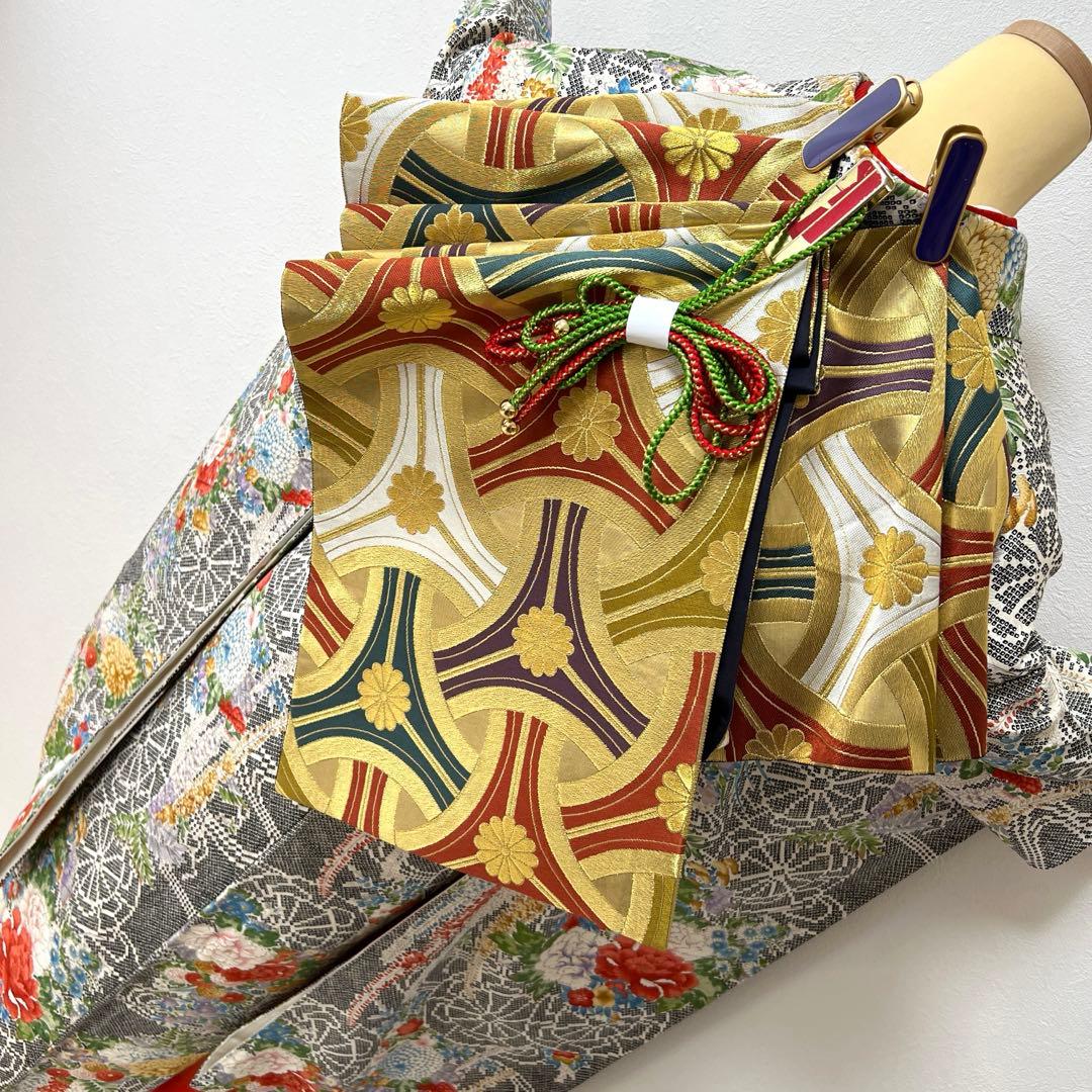 438 振袖フルセット 正絹 黒 赤 金彩 手描き 総柄 小紋 セミアンティーク