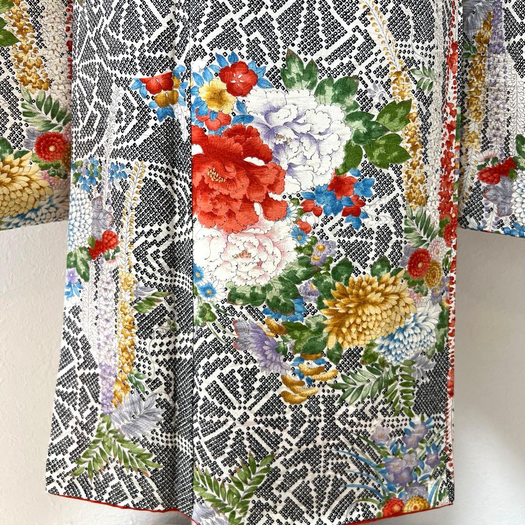 438 振袖フルセット 正絹 黒 赤 金彩 手描き 総柄 小紋 セミアンティーク