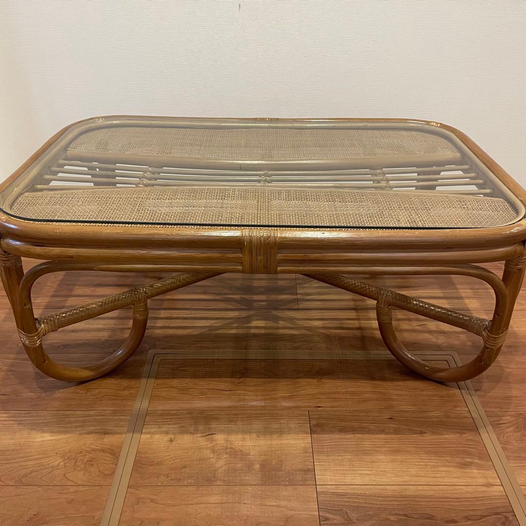 ✨【美品】✨昭和レトロ ラタン ガラス天板 センターテーブル ローテーブル