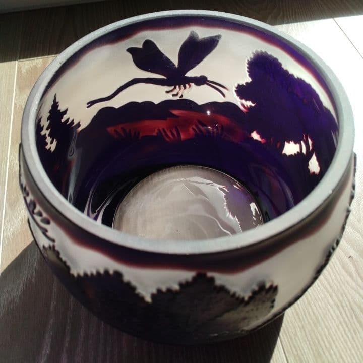 被せ硝子⭐︎アンティーク⭐︎ガレ調 ⭐︎蜻蛉文様 硝子鉢⭐︎水指茶道具、小物入れ