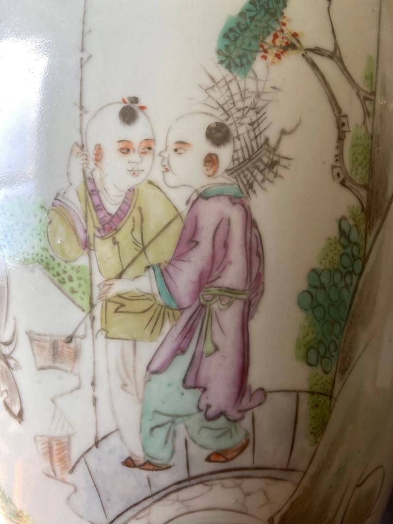 中国古美術 清末民国時代　豆青釉浅降彩大花瓶42cm　漁樵耕読