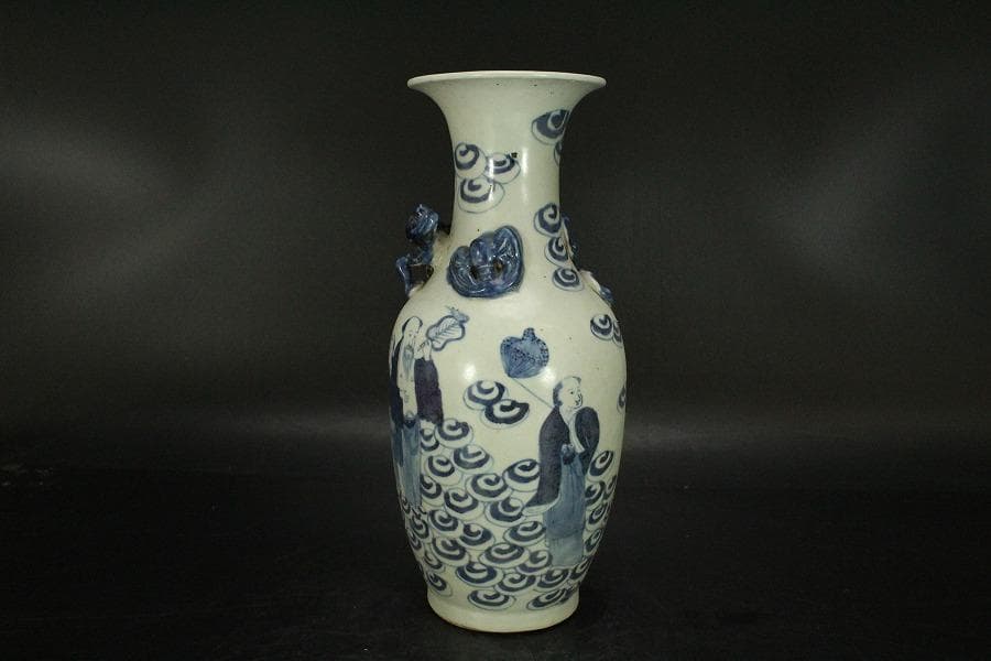 中国美術 青花 龍巻 仙人紋 瓶 高23.5cm(LC139)