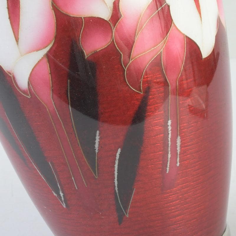 七宝焼　安藤七宝店　赤透釉　花文　花瓶　敷板・箱付　V　9279