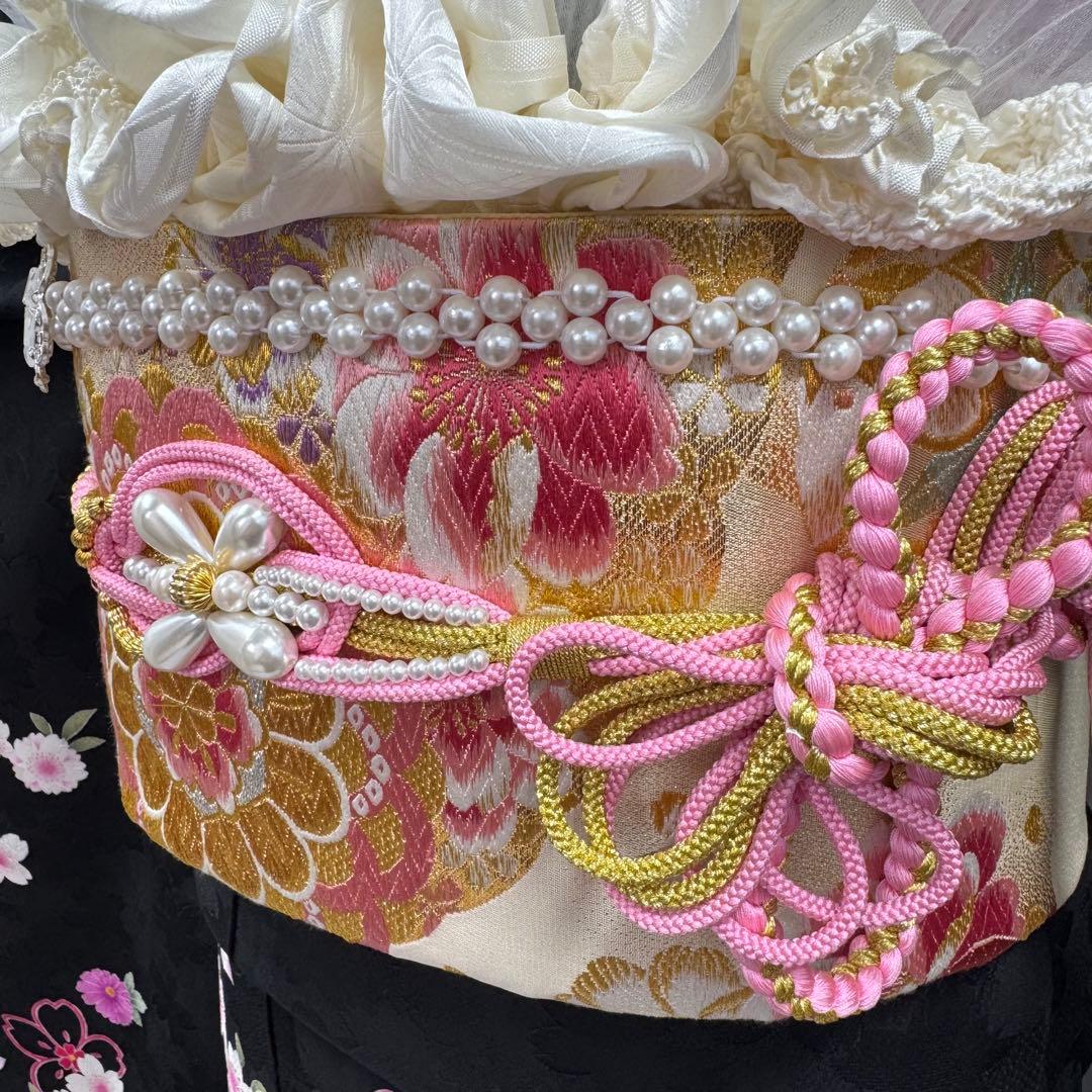 逸品 振袖7点フルセット 金駒刺繍 成人式 謝恩会　卒業式　黒地　ピンク