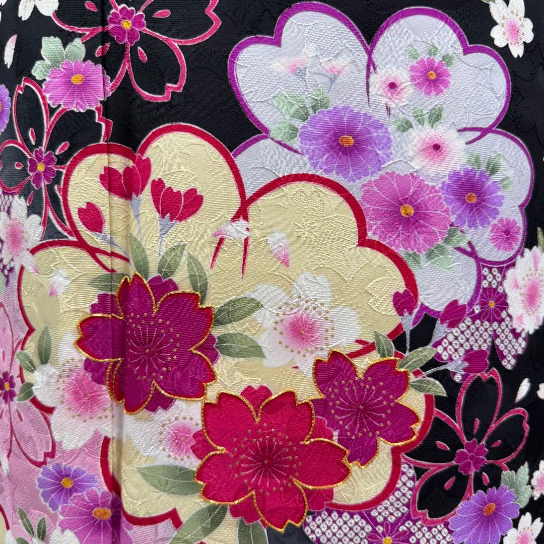 逸品 振袖7点フルセット 金駒刺繍 成人式 謝恩会　卒業式　黒地　ピンク