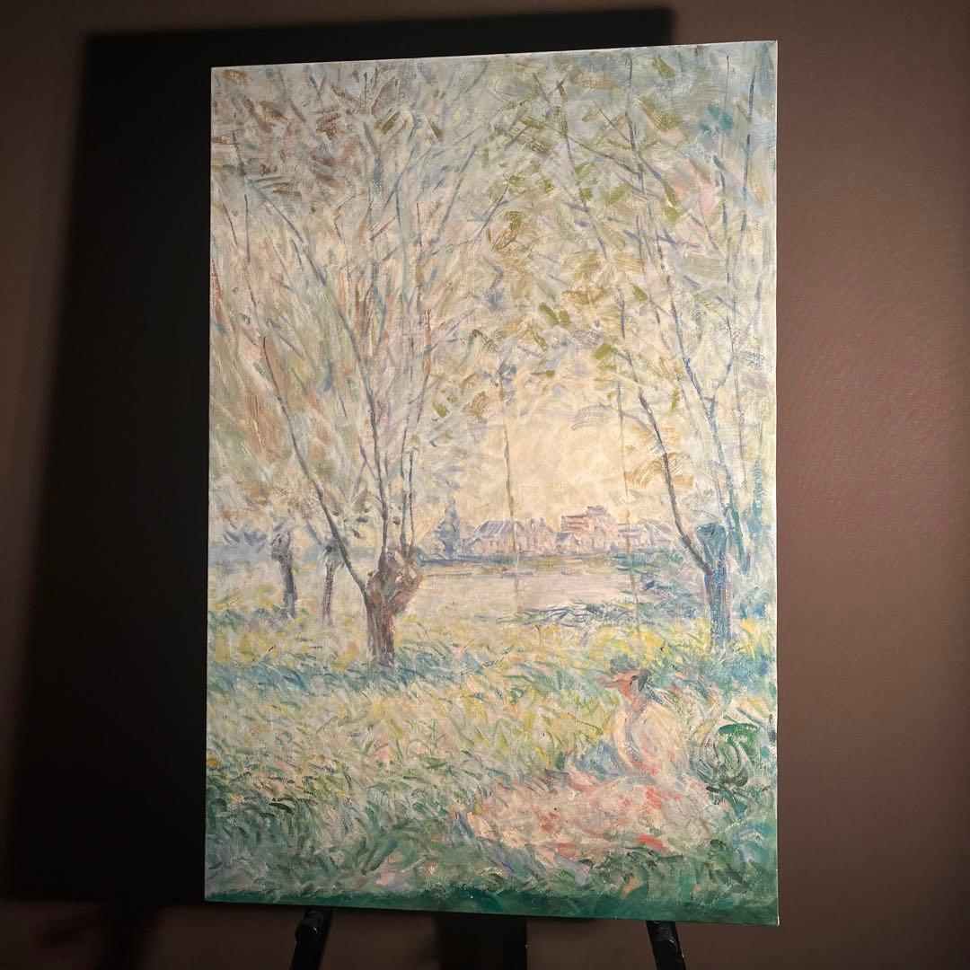 ★秀作★ 手書き油絵 クロード・モネ 柳の下に座る女（大）肉筆絵画 油彩画