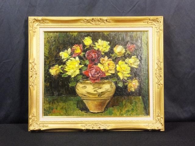 日動画廊取扱　萩谷巌　直筆サイン『ばら』キャンヴァスに油彩 15号 0418L