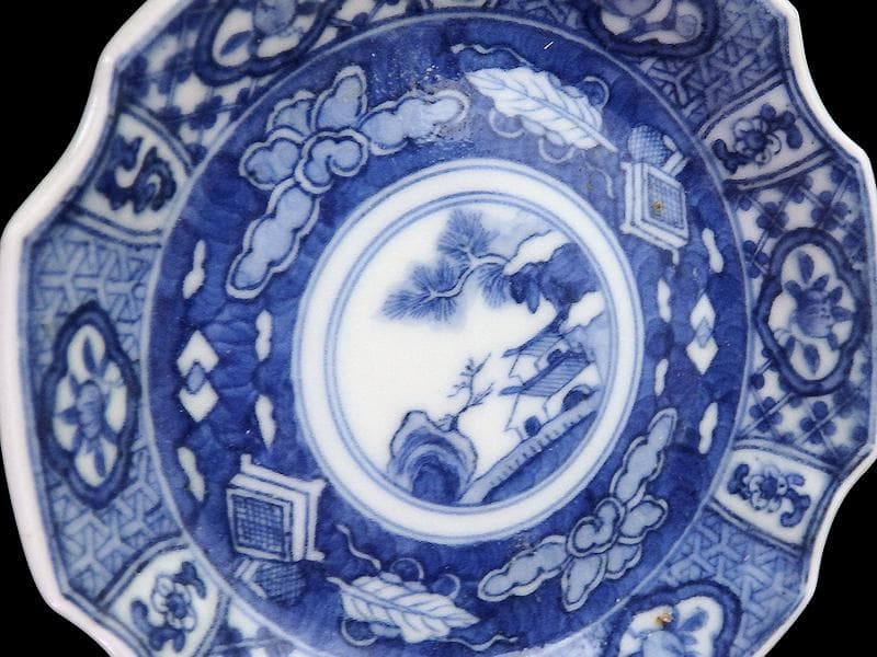 古伊万里　染付　吉祥紋に山村の図　六角豆皿　AS-DBe