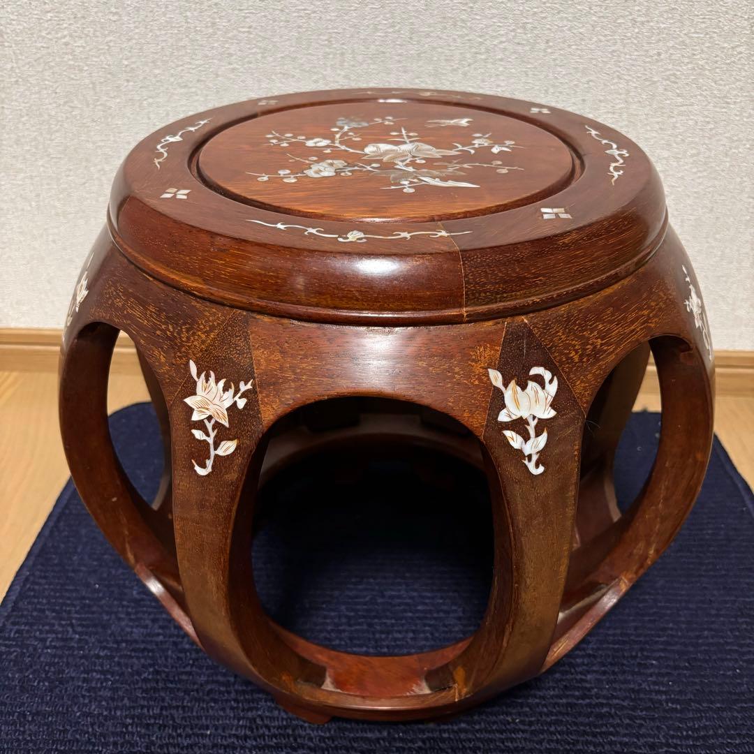 【美品】花梨 無垢 螺鈿細工 丸椅子 スツール 腰掛け 中国美術 工芸品