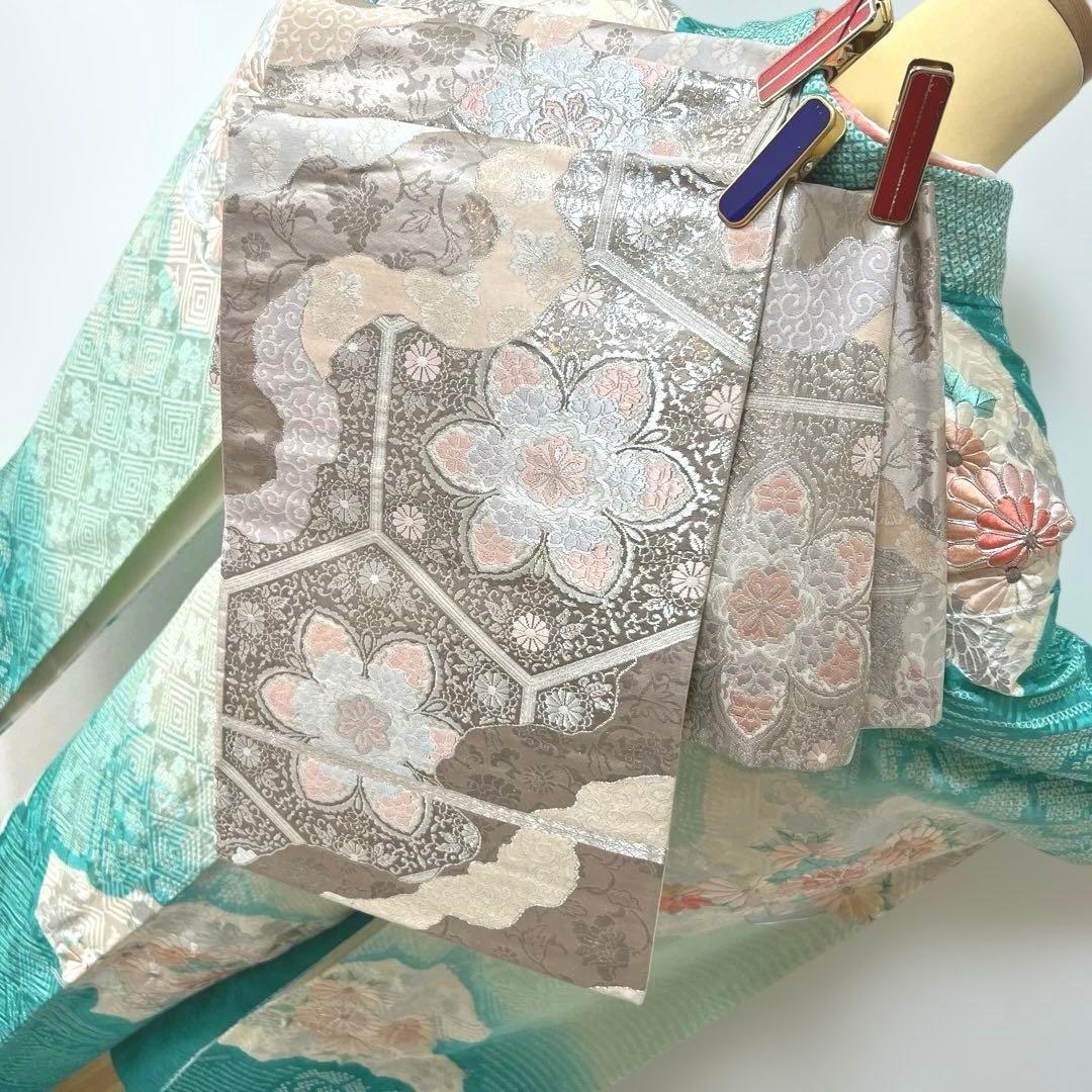 428 振袖フルセット 正絹 青緑 ピーコックグリーン 銀彩 駒刺繍 刺繍 絞り