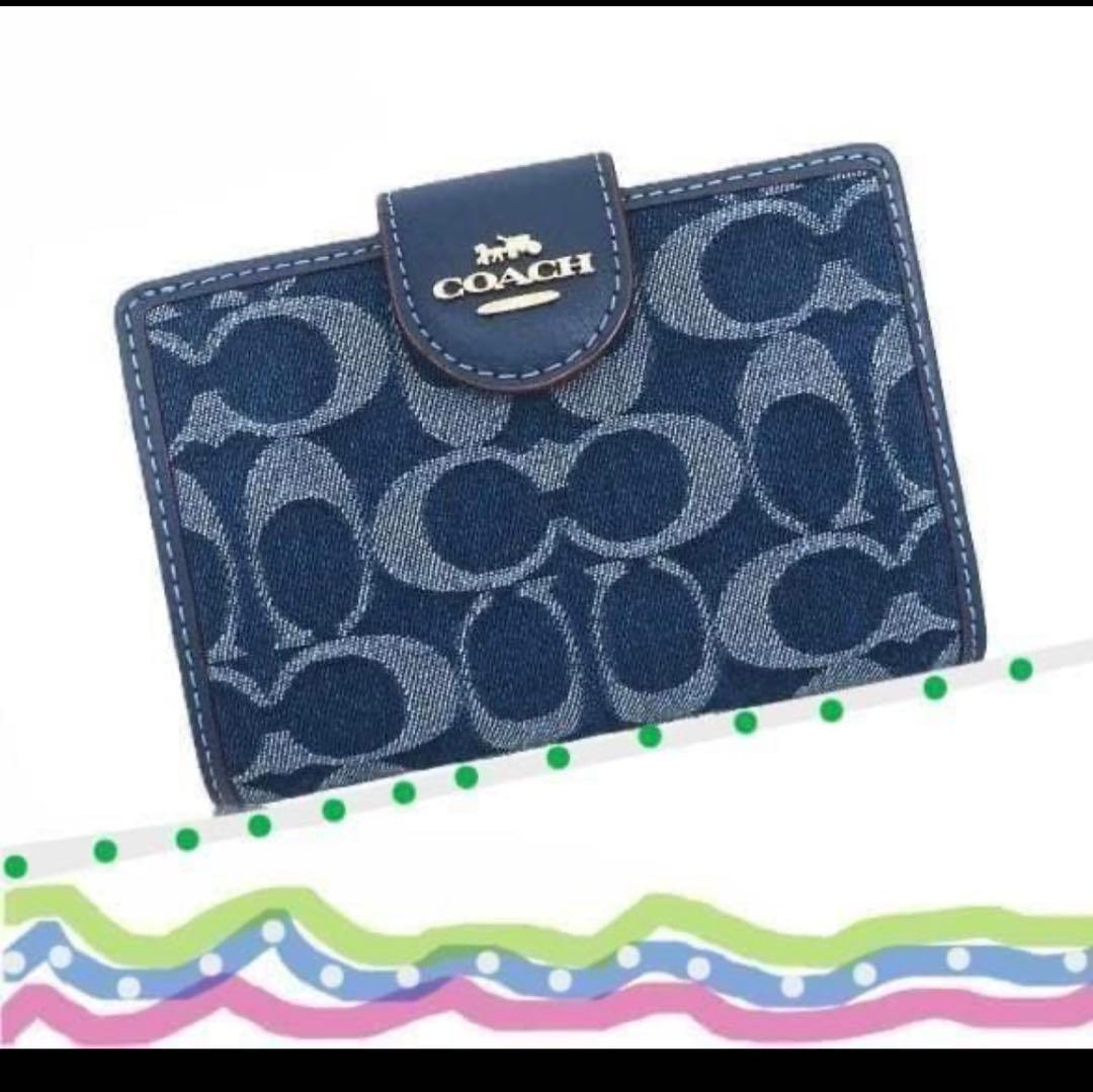 明日まで、コーチ COACH ミディアム コーナー ジップ シグネチャー デニム