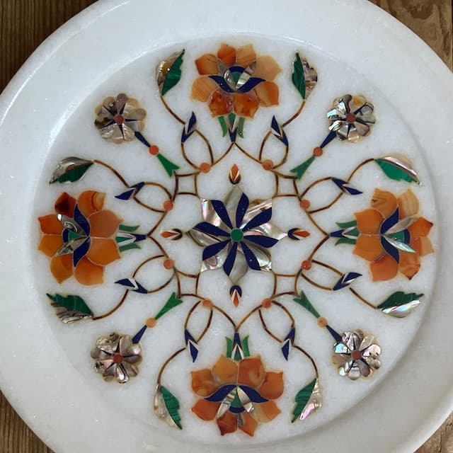 インド 工芸品 天然石 象嵌 細工 花模様 大理石 プレート 蝶貝 ヴィンテージ