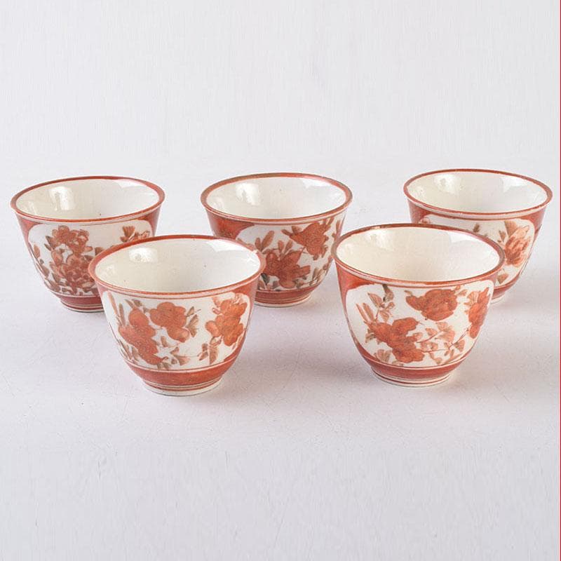 九谷焼　古九谷　赤絵金彩　花文　煎茶器　盃　五客　M　R9152