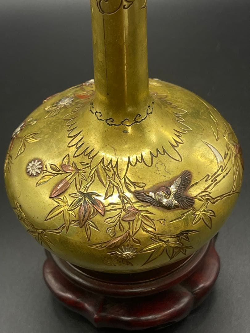 明治時代　金工　花瓶　金銀象嵌　骨董古美術