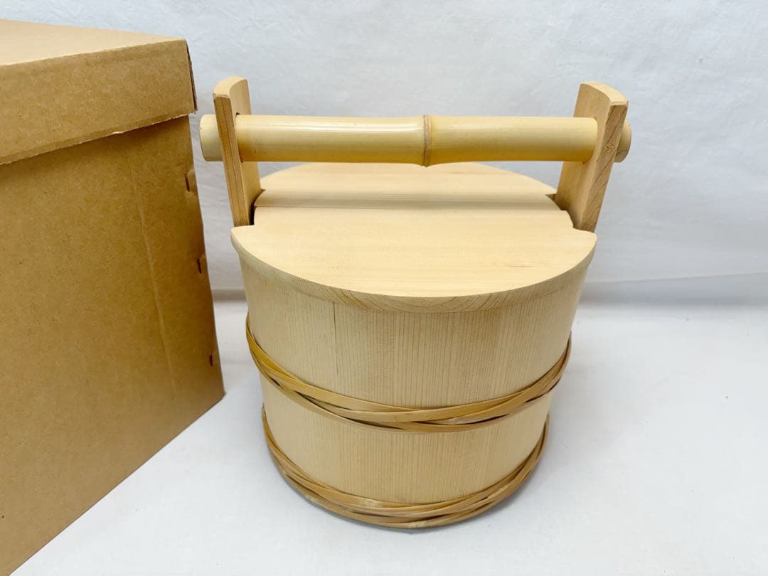 ほぼ未使用 茶道具 水張桶 手桶水指 木地 割蓋付き 水屋道具 露地道具 元箱