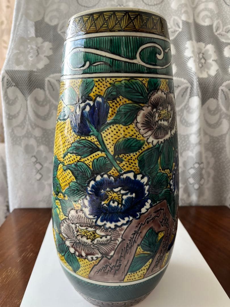 九谷焼　花瓶　手描き　骨董　角福　牡丹　花模様　美品