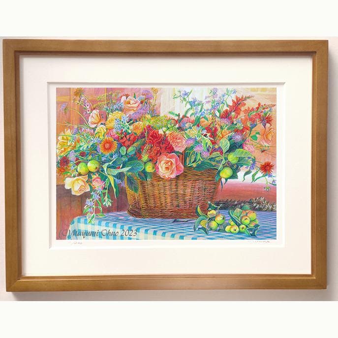 フラワー　花の絵　絵画　 赤　バスケット　ブラウン　茶色　水彩画の版画