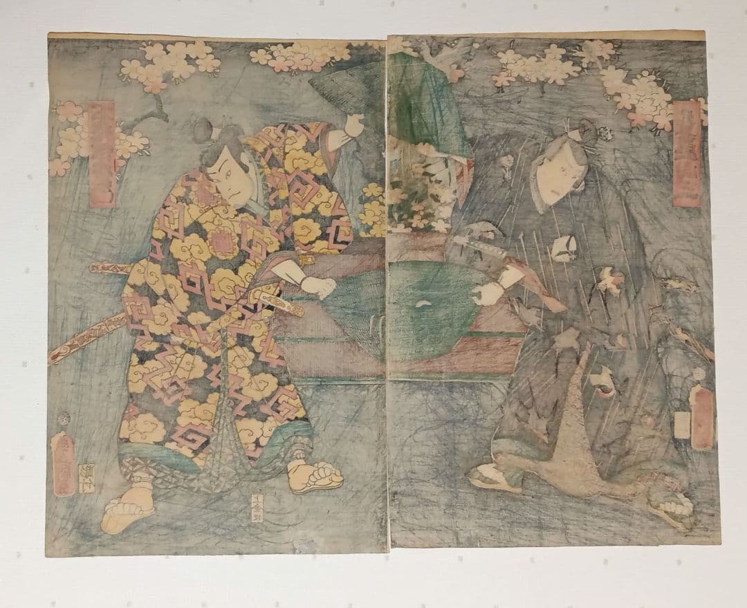 浮世絵版画、役者絵（浮世柄比翼稲津)三枚綴リの内の二枚売り三代豊国画万延2年出版