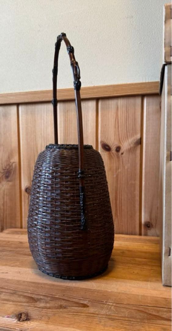 美品　籠　唐物　手付松葉籠　島田竹宝斎作　生花籠　箱付き　茶道具