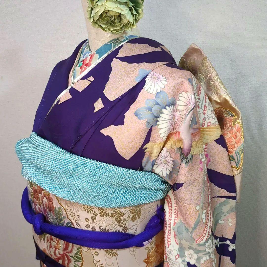 モダン 振袖フルセット 成人式 古典柄 型染め友禅 ９種セット正絹 紫 裄丈68