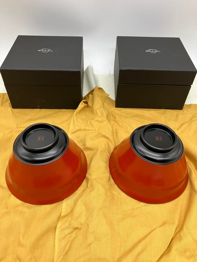 未使用輪島屋善仁 眉間寺椀　福々椀 溜内黒塗 洗朱塗 二客 輪島塗　製品登録書有