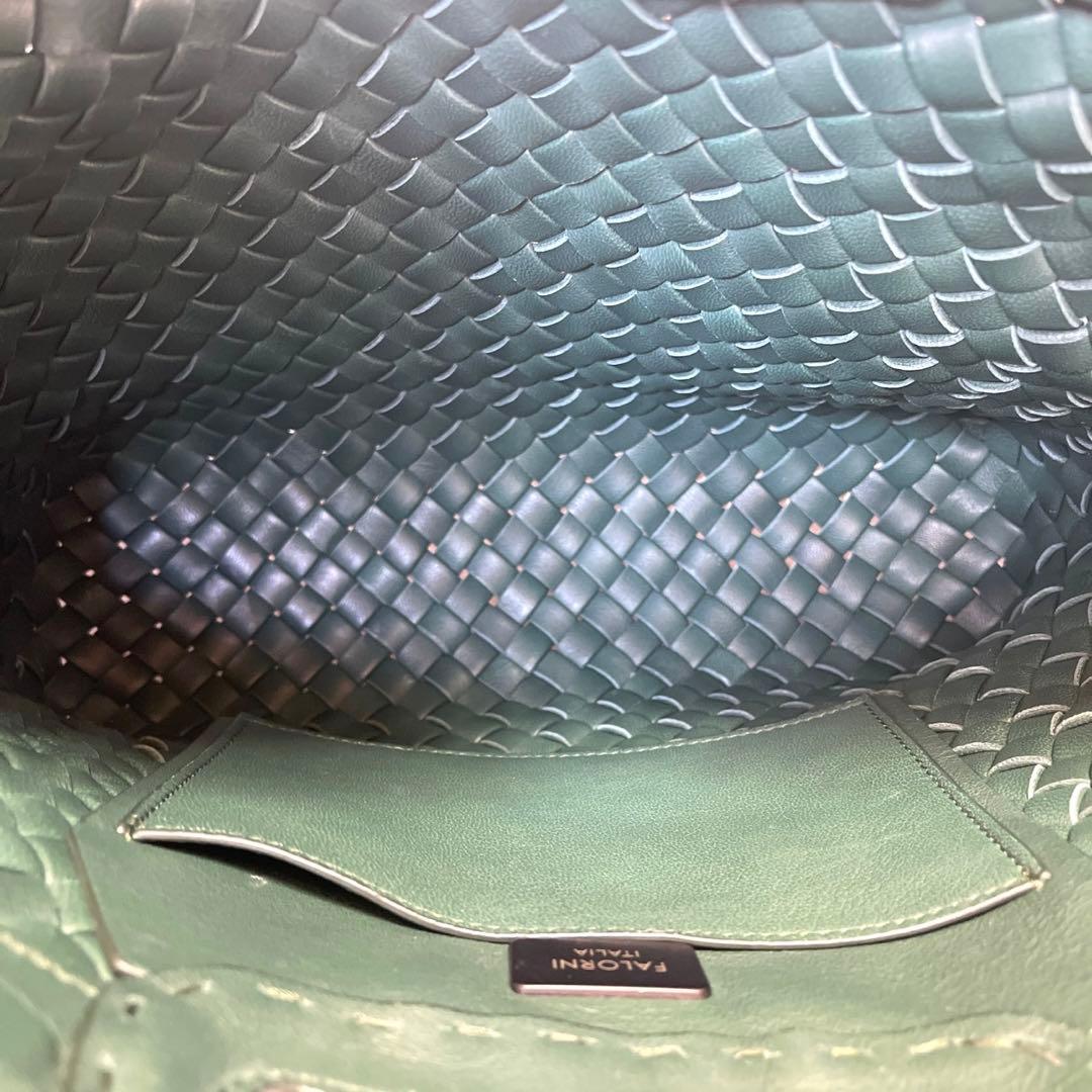 専用品FALORNI イントレチャート グリーン レザー ハンドバッグ定価15万
