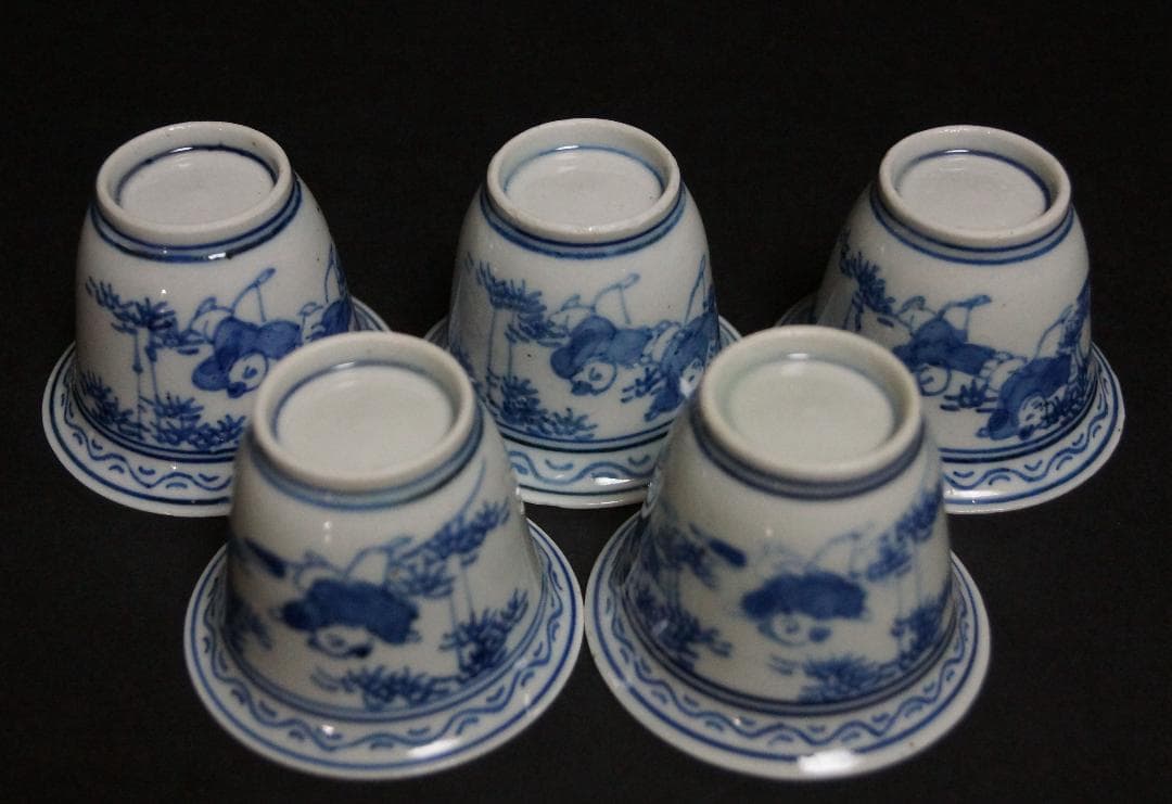煎茶道具 清 古染付『唐子遊戯図』煎茶碗五客セット 端反口縁/☆時代物☆