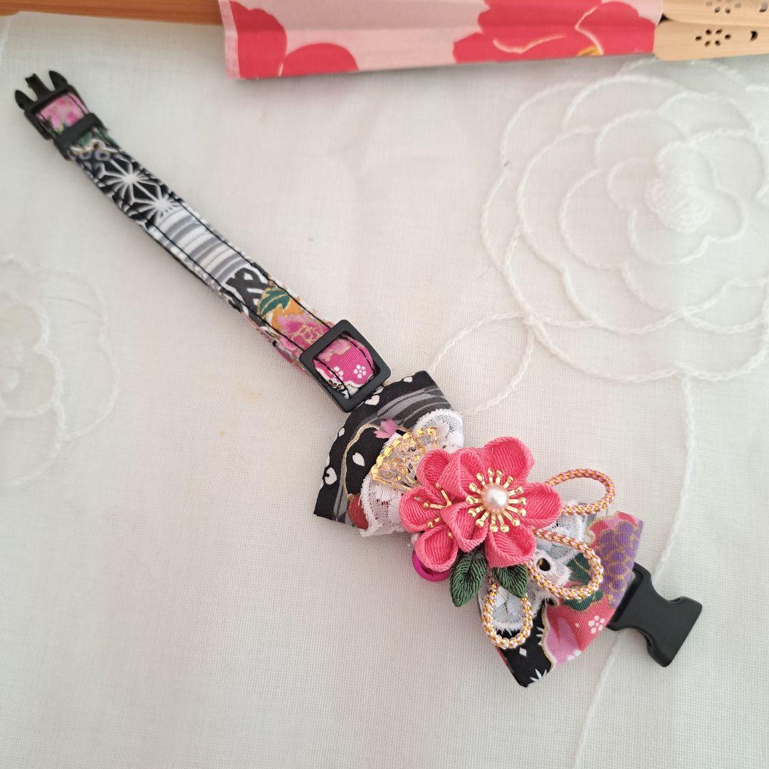 お正月、つまみ細工シングルリボン(黒②)わんちゃん猫ちゃん用首輪