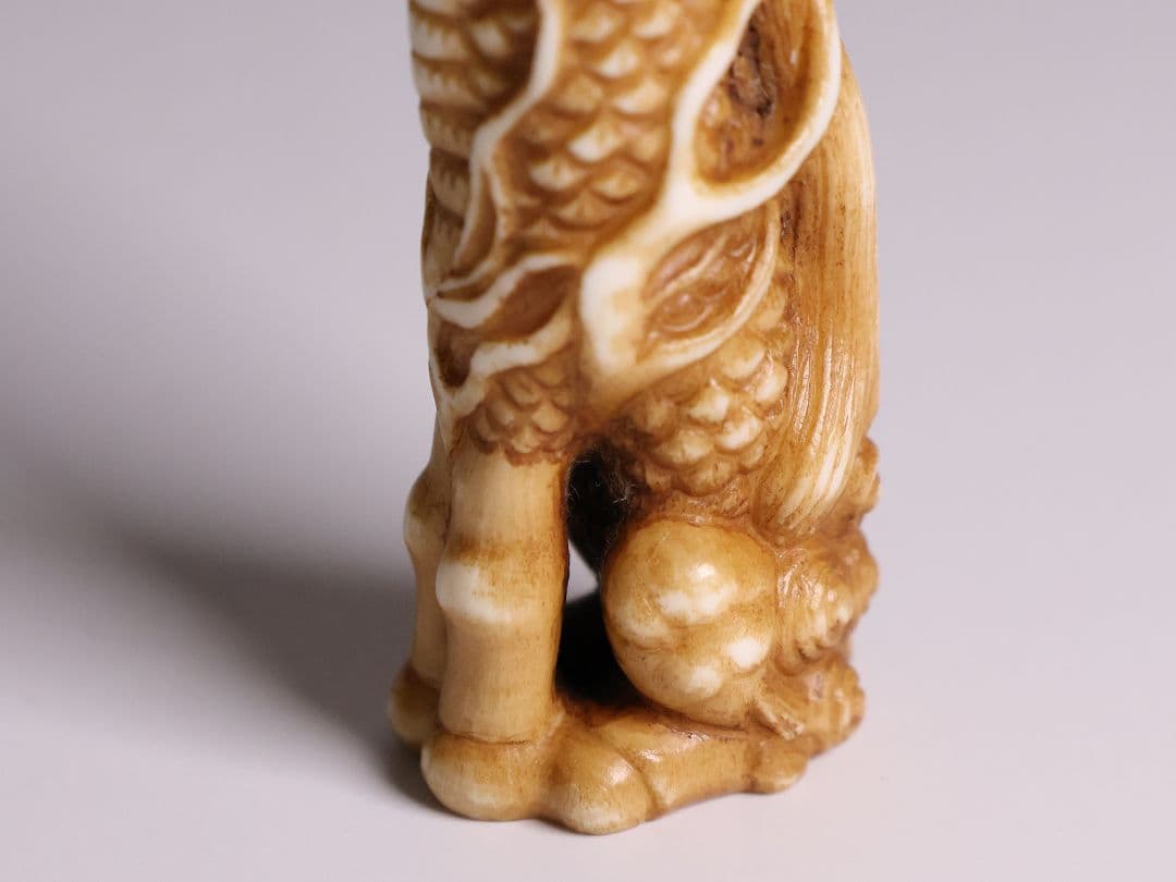 時代 堤物 根付 置物 鹿角 麒麟 全長7.6cm 神獣 彫刻【CM258】