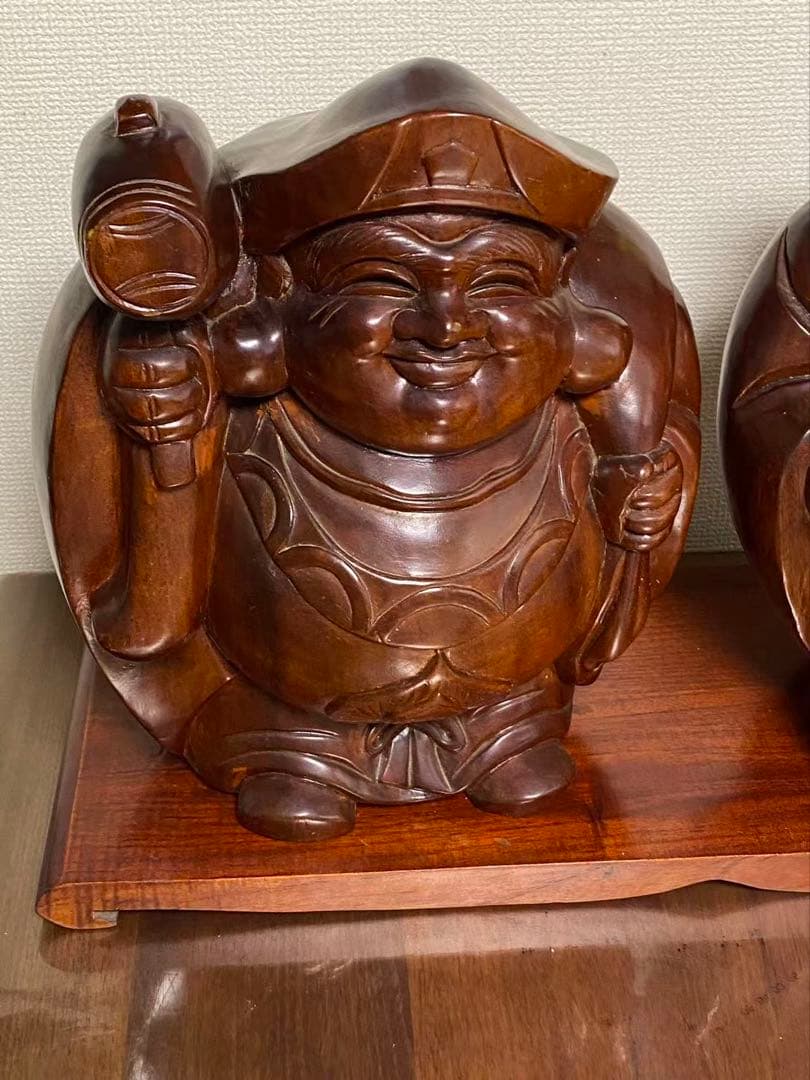 七福神 恵比寿と大黒天木彫 天然木彫刻 置物 開運風水 縁起物 商売繁盛 年代物