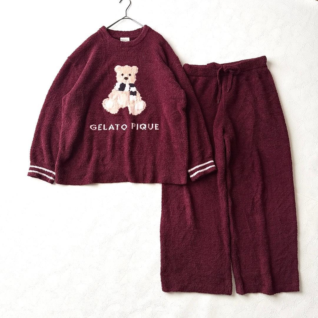 ジェラートピケ ルームウェアセット ベア 上下 ボルドー バーガンディ フリー