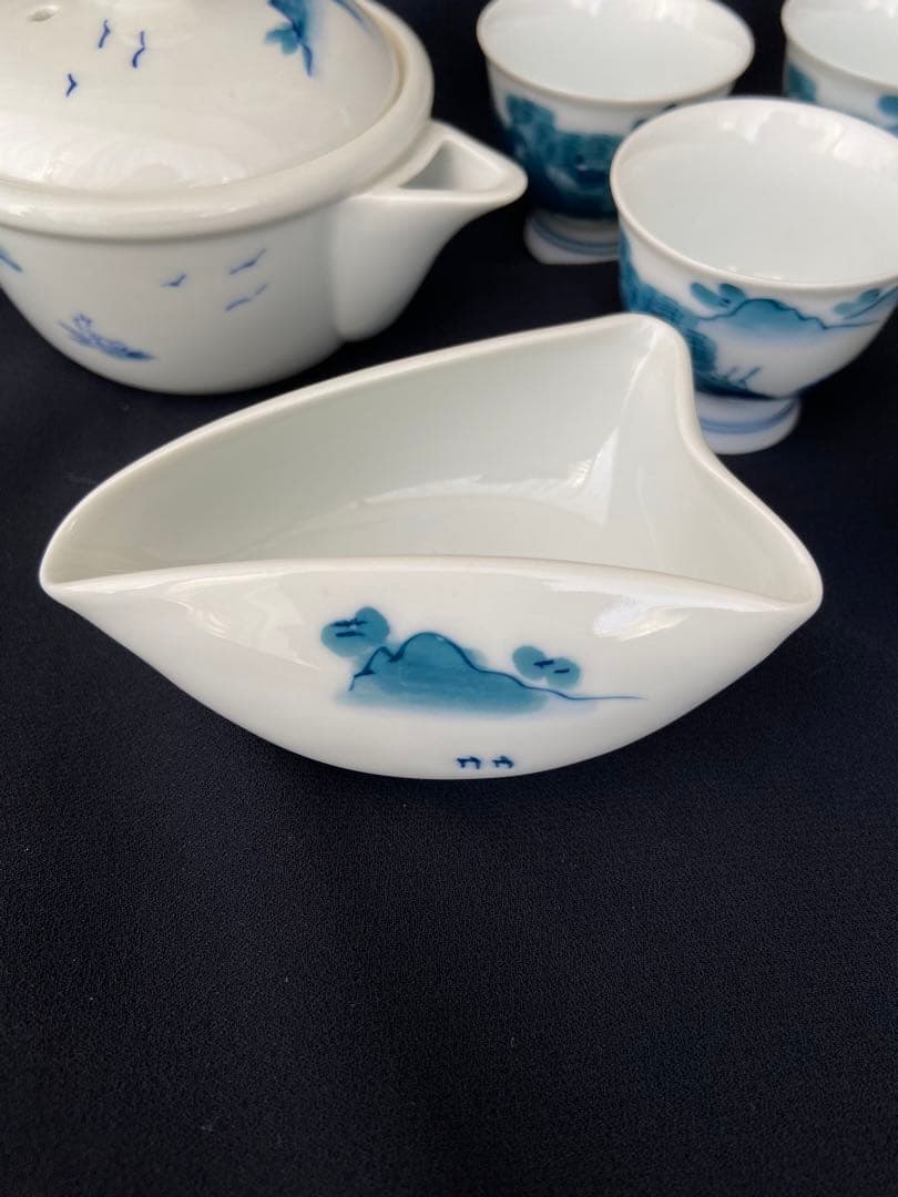 畑萬陶苑 畑萬作 角萬印 染付山水絵 茶器セット 玉露茶器 煎茶器 松山窯