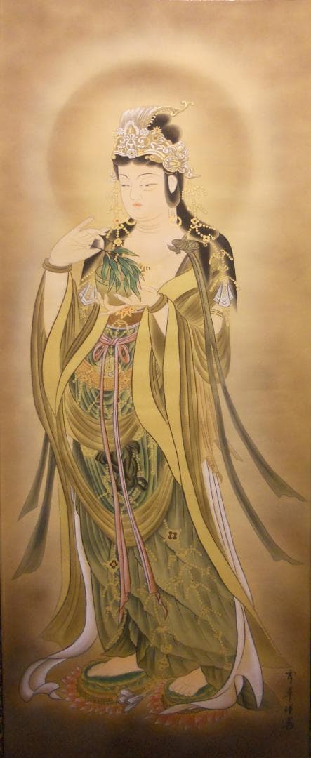 掛け軸 野村雪草 『 楊柳観音 』 絹本 希少 軸装 茶道具 掛軸 美品 です。