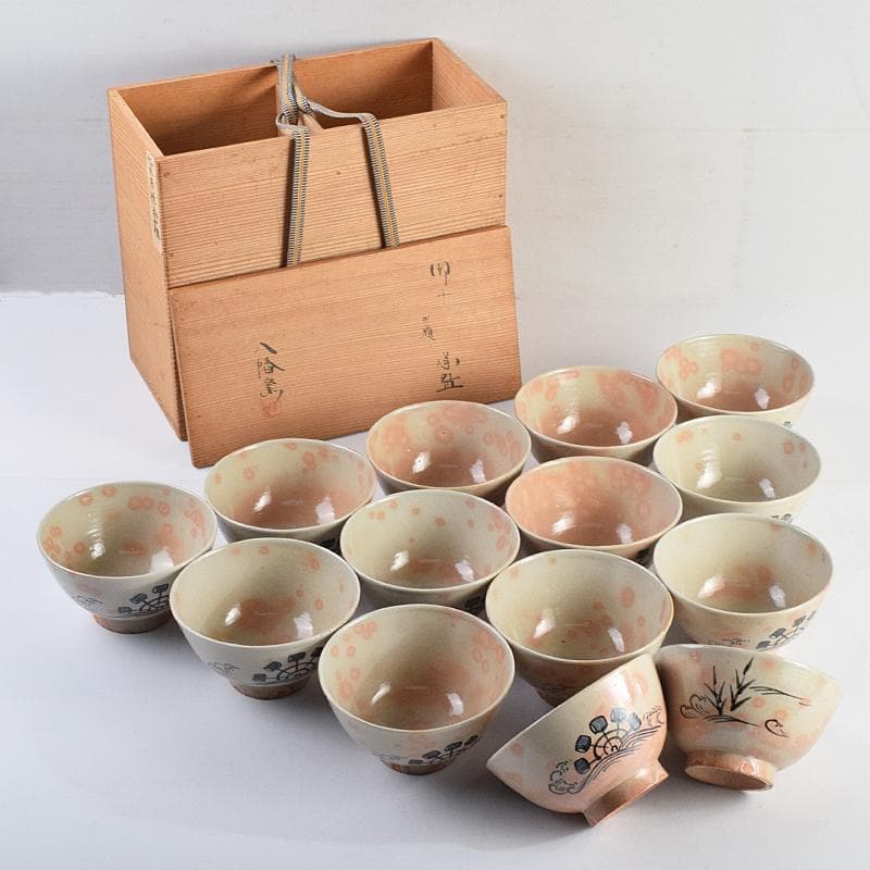 和食器　萬古焼　八幡窯　水車文　数茶碗　十四客　共箱　M　R9415B