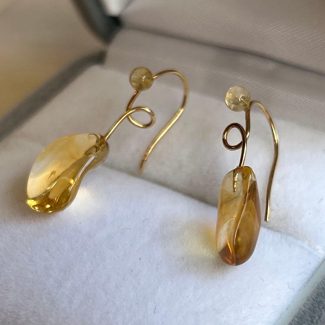 K18 シトリン フックピアス 刻印あり｜天然石 ゴールド 大人ジュエリー