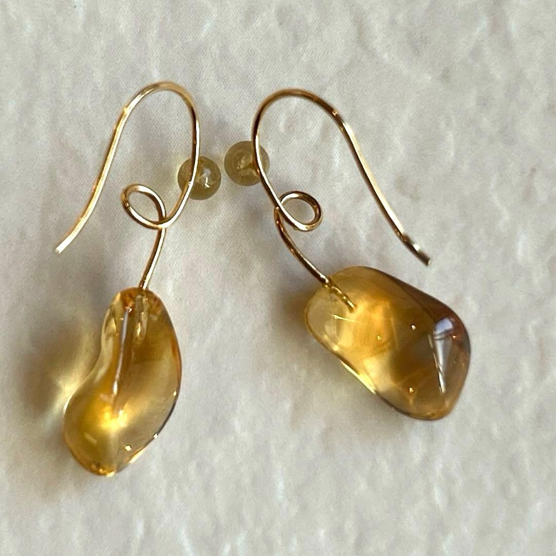 K18 シトリン フックピアス 刻印あり｜天然石 ゴールド 大人ジュエリー