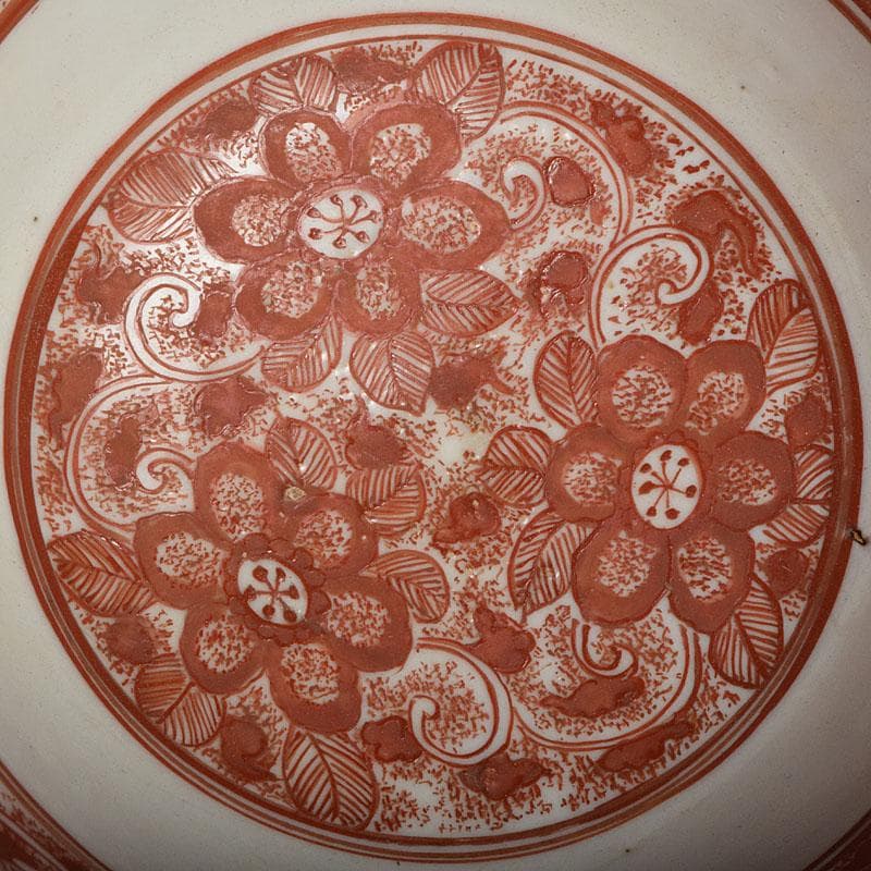 犬山焼　松原惣兵衛作　赤絵師道平絵付　赤絵唐草文　菓子鉢　共箱　V　R9507