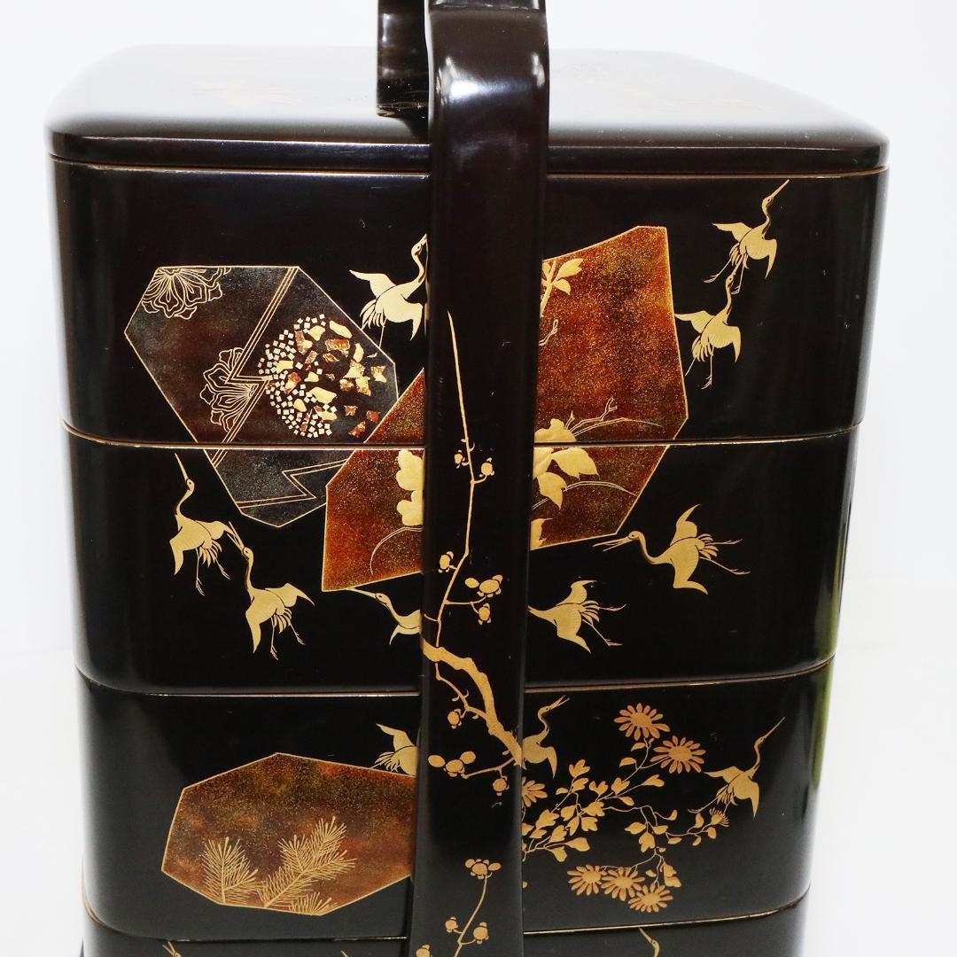 蒔絵 金彩 漆器 重箱 4段 梨地 岡持ち 木製 木箱付き