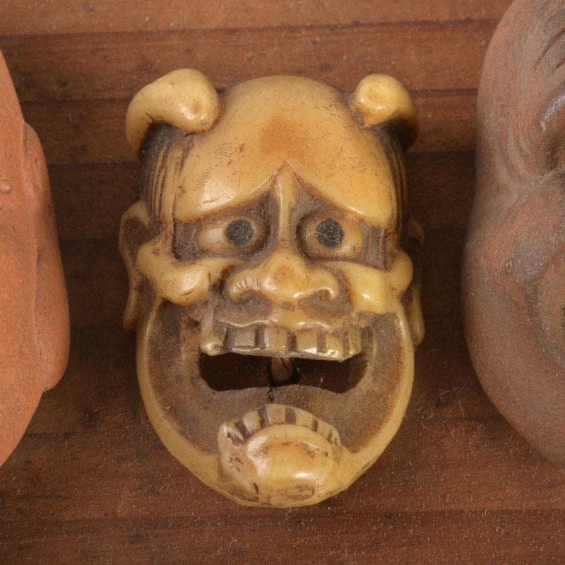 時代提げ物　朱泥　獣骨　面根付　在銘あり　7点まとめて　C　6714