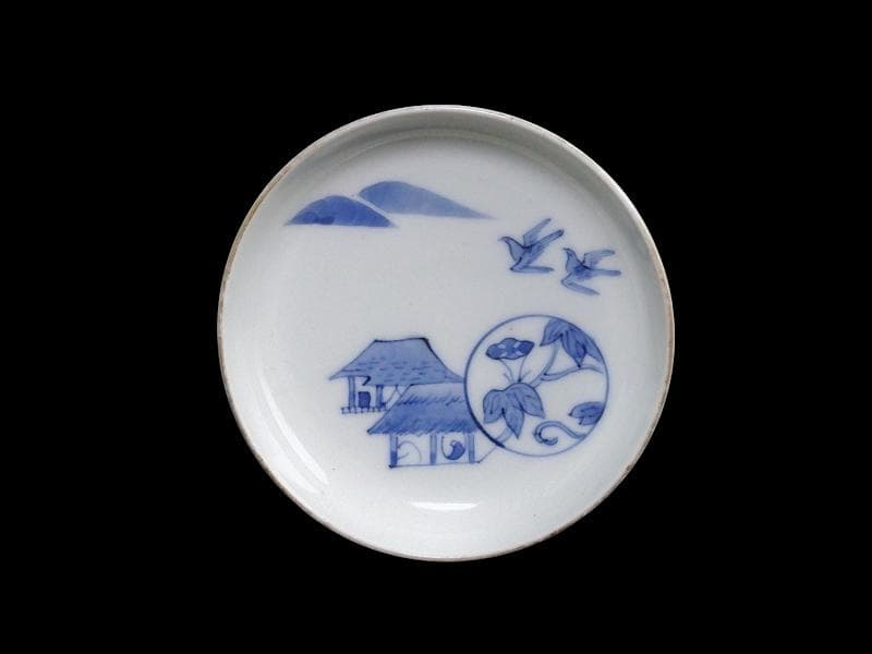 古伊万里　染付　山村に鳥　朝顔の図　３寸皿　豆皿　手塩皿　E595AS-CUc