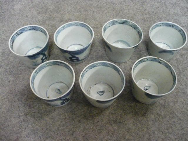 伊万里 岩場の柳模様 染付 猪口 7個 [B31361]